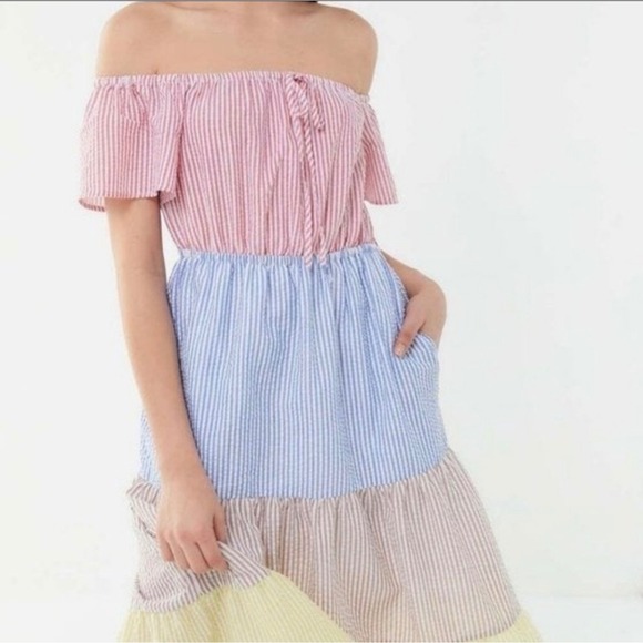 Urban Outfitters Seersucker Color Blocked Midi Dress Cottagecore Size XS - Picture 2 of 13